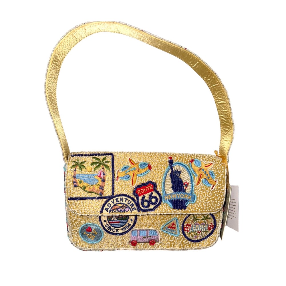 TJ Maxx Viral Beaded Route 66 Travel Shoulder Bag Gold NWT Handmade India